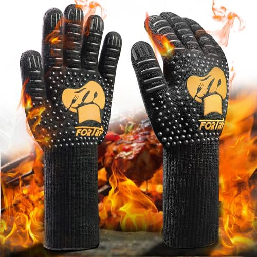 FORTRY Guantes Barbacoa Altas Temperaturas hasta 800°C, Guantes Horno Antideslizantes, Guantes Cocina, Guantes Chimenea Transpirables, Guantes Ignífugos, Guantes para Horno, para Parrilla (M-XL)