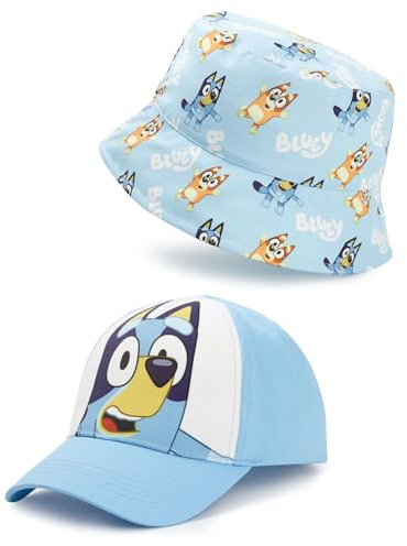 Bluey Set de Gorro y Gorra para Niños | Estampado Completo de los Personajes Bandit y Chili en Azul para Niños y Niñas | Gorra Unisex Infantil con Correa Ajustable