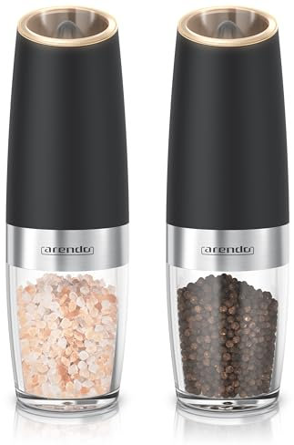 Arendo - Salz und Pfeffermühle Set mit Kippsensor - Elektrische Gewürzmühle mit Keramikmahlwerk – LED-Beleuchtung – Kippsensor für einhändige Bedienung – Stufenlose Mahlgradeinstellung