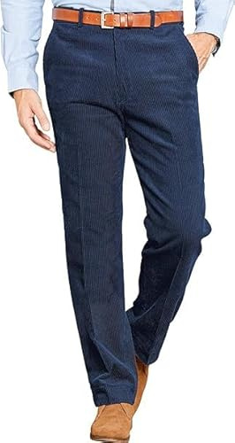 Mens Corduroy Cord Formal Trouser, Smart Cotton Business Executive Office Formal Trousers, Casual Classic Straight Leg Flat Front Work Bottom Pants with Pockets Size 30-50 30-50, Navy Blue-34W / 31L