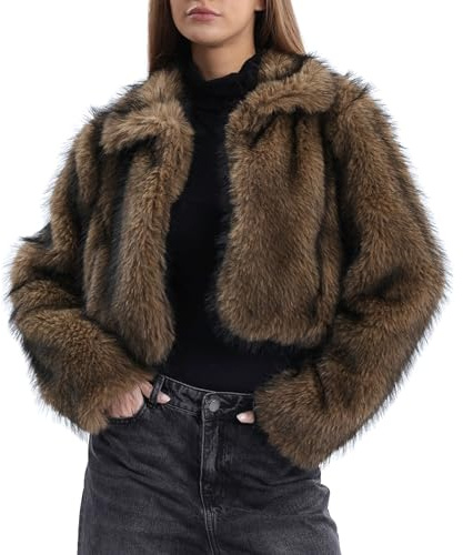 Amazhiyu Pelzmantel Damen Felljacke Kurz Kunstfell Jacke Mantel Pelzjacke Khaki L