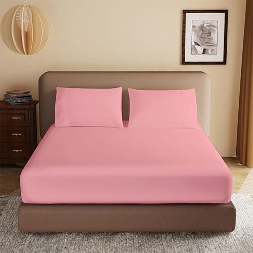Rohi 25cm Deep Microfibre Fitted Sheet Single Bed – Comfy Soft & Breathable Deep Fitted Sheet with Elasticated Corners – Hypoallergenic & Durable Bed Sheet (Pink, 90 x 190cm)