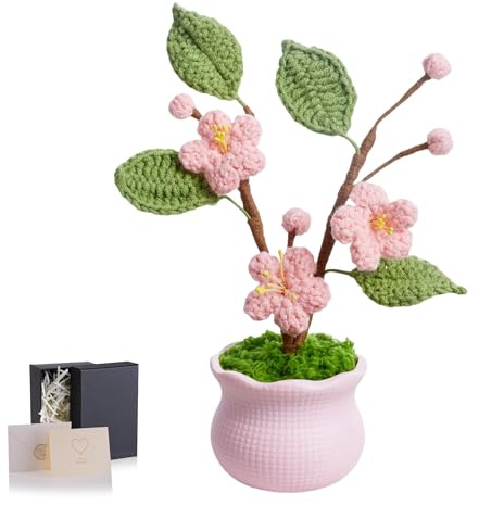 MAIBAOTA Handmade Pink Crochet Flowers Cherry Blossom | Knitted Flower Bouquet Potted Plants Cute Small Stuff Birthday Gifts for Women Desk Decorations Accessories