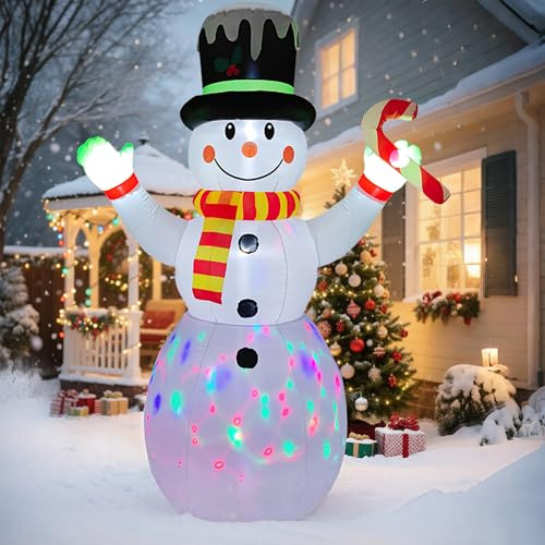 YISUN Schneemann Aufblasbare Weihnachtsdeko, 2,13 M/ 7FT Weihnachtsmann Aufblasbar mit Bunten LED, Aufblasbar Weinachtsdekorationen Party Yard Rasen Garten Indoor Outdoor