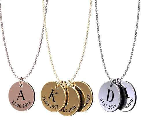 Generisch Personalisierte Halskette mit Gravur | Plättchen mit Anfangsbuchstaben & Geburtsdaten der Kinder | Geschenk Mama | Gold, Silber, Roségold | Edelstahl Wasserfest | Made in Germany