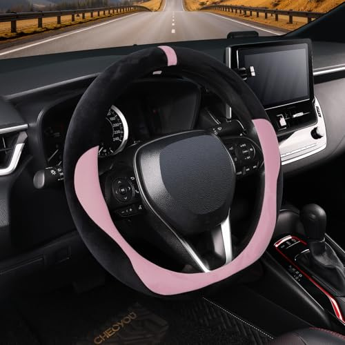 COFIT Plüsch Lenkradbezug Winter, Universal Lenkrad Bezug Fell, Lenkradhülle Wwarm Weich, Lenkradschutz Auto für 37-38 cm, Autozubehör Schwarz und Rosa