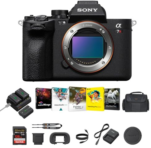 Sony a7R V Mirrorless Camera (Black) - 61MP Full-Frame Digital Camera with Batteries & Dual Charger Kit, Corel Software Kit, 128GB SDXC Memory Card & Large DSLR Bag - Essential Bundle