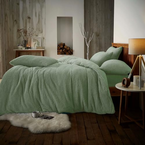 NIMORA Solid Teddy Fleece Duvet Cover Set – Ultra Soft Bedding Quilt Cover with Pillowcases (Sage Green, Single Fitted Sheet)