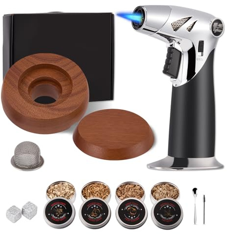 Cocktail Smoker Kit with Torch & 4 Wood Chips Flavours - Whiskey Smoking Set with No Butane Torch, 2 Ice Stones, Filters - Gifts for Men, Dad, Husband