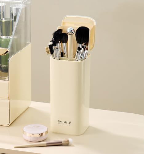 MEIJMJIA-MH Kosmetikpinsel-Aufbewahrungsbox, Staubfreie Aufbewahrung, beige | Elegantes Design mit Goldakzenten, Staubfreie Aufbewahrung, Weiß und Beige