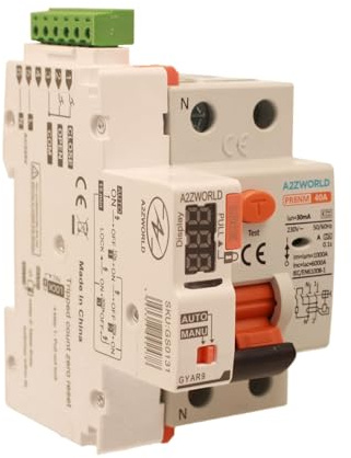 Interruttore Differenziale Riarmo Automatico 40A, Salvavita Tipo A 30mA, 3 Tentativi (10s/60s/300s), Occupa 3 Moduli DIN, RCCB 1P+N 6kA 220V, Display A Led