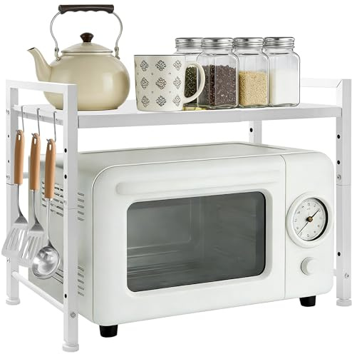 FREEAMG 2-Tier Expandable Microwave Oven Rack - Height Adjustable Microwave Oven & Air Fryer Rack with Hooks & Non-Slip Pads, Carbon Steel Organiser for Pots, Pans & Spices Storage, White