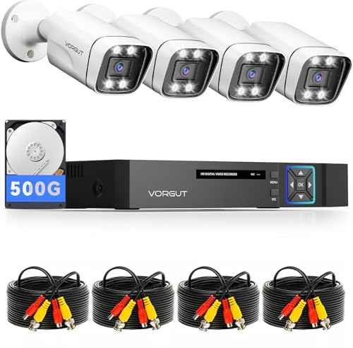 Wired Security Camera System, 4CH 5MP Lite AHD TVI DVR Recorder Surveillance DVR Kit, 4 x 5MP Dual Light CCTV Camera for Outdoor Use, Metal Shell, Smart Color Night Vision, Motion Detection, 500G HDD