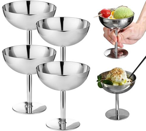 BORDEAG 4 stycken glassbägare rostfritt stål, 240 ml rostfritt stål, dessertglas i rostfritt stål, Ø 10 cm hög dessertskål för fruktsallad, yoghurt och fruktpudding för bröllop, fester