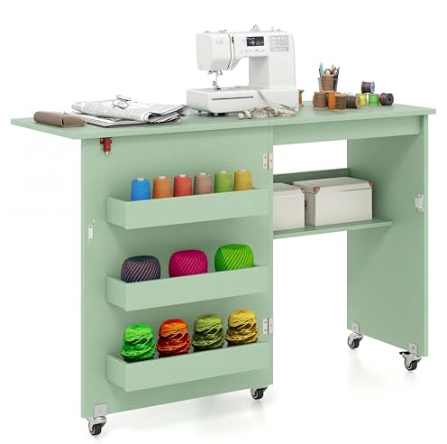 GIANTEX Nähtisch klappbar, Nähmaschinentisch auf Rollen, Nähtisch für Nähmaschine, Nähschrank Holz, Mehrzwecktisch für Wohnzimmer Arbeitszimmer Schlafzimmer (Grün) | Nähmaschinenschrank mit 5 Rollen, 3 Ablageflächen, offener Ablage und Ladestation