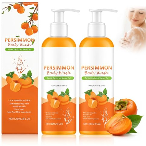 Gel de ducha Kaki de 120 ml, 2 unidades de gel de ducha natural de caqui contra el olor corporal, fragancia duradera, desmaquillante suave y espuma rica, para todo tipo de piel