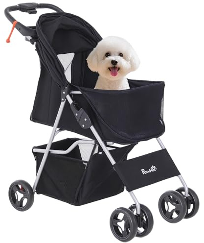 PawHut Carrito para Perros Plegable Cochecito para Mascotas Carrito para Perros Pequeños con Toldo Ajustable Cesta de Almacenaje 2 Ruedas Universales 75x46x94 cm Negro