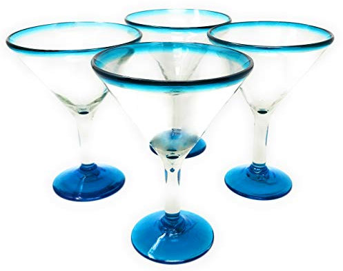 Mexikanisches mundgeblasenes Glas - 4 Stück mundgeblasene moderne Margarita-Gläser - Aqua Rand (12 oz)