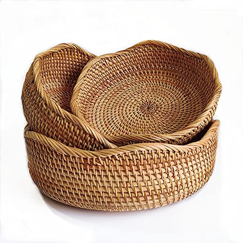 Rattan Aufbewahrungskörbe rund, handgeflochtene Körbchen aus natürlichem Rattan, Obstkorb und Dekokorb für Küche & Wohnzimmer, 3er Set