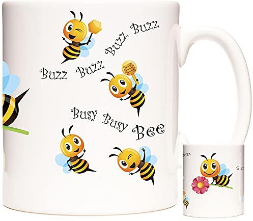 BEE Gift Mug - 11OZ Ceramic With Cute Bees Design, Buzz Busy Theme - Dishwasher and Microwave Safe