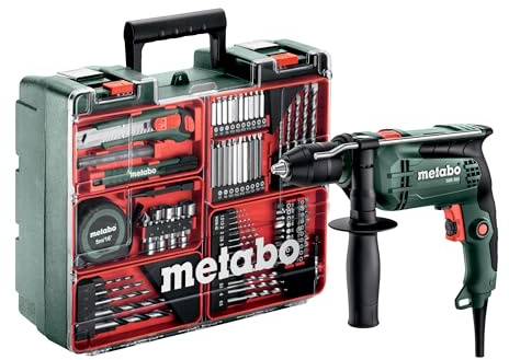 metabo Schlagbohrmaschine SBE 650 Set - 650 W - Drehzahlregelung, Zusatzhandgriff, Bohrtiefenanschlag, Transportkoffer, kompakt & leistungsstark - Bohren in Beton, Holz, Stahl - Inkl. Mobile Werkstatt