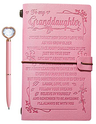 To My Granddaughter’s Gift Pink Leather Journal+Heart Diamond Pen Set ,Engraved Notebook Writing Journal,Refillable Notepads,Travel Diary Graduation Back to School,Christmas,Birthday Gifts for
