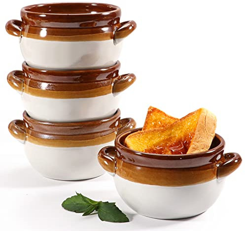 SZUAH 482 ml Französische Zwiebel-Suppentassen, Set mit 4 Stück, ofenfest Suppenschalen mit Griffen, Schmortopf, Tontopf, mikrowellengeeignet, spülmaschinenfest, Suppe, Käse und Chili