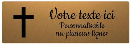 Plaque gravée funéraire motif Croix Chrétienne autocollante 20x6,5 cm personnalisée 1 à 3 lignes Or Brossé