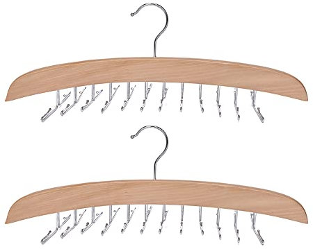 Multifunktions-Holz-Krawattenbügel mit 24 glatten Metallhaken für Männer und Frauen, Schrank-Organizer, Medifier um 360° drehbar, Holz-Krawatten, Schal-Halter, 2 Stück