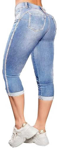 Flamingals Capri-Jeans mit hoher Taille für Damen, lässig, Sommer, Po, Lifting, Skinny Denim-Caprihose, Hellweiß/Blau, S