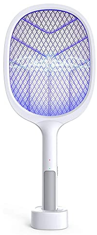 Raqueta Matamoscas Eléctrica 3500V con Dos Modos, Mata Mosquitos Electrico USB Recargable con Base, Antimosquitos con Lámpara UV de Malla Protección de Tres Capas, Ideal para Uso Interior y Exterior