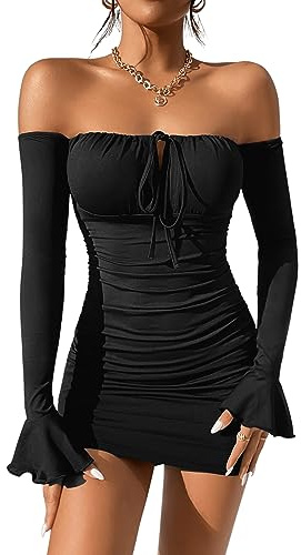 GORGLITTER Vestido ajustado para mujer, elegante, hombros descubiertos, manga larga, vestido con volantes, sexy, mini vestido corto, Negro , M