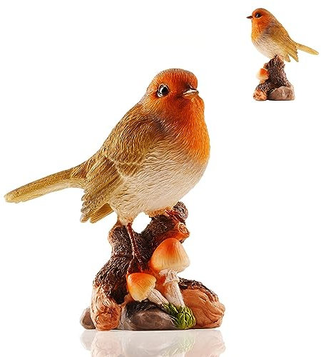 Muldale Robin Garden Ornament with Mushrooms - Lifelike Red Bird Figurine - 13cm Resin Statue - Great for Outdoor - Cute Robin Gifts