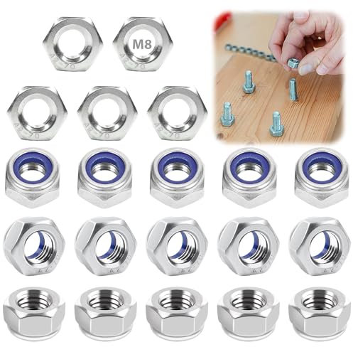 20 Stück Sicherungsmuttern Edelstahl M8, Selbstsichernde Muttern Stoppmutter, Standard A2-70 Edelstahl Mutter, Edelstahlmutter Sechskant Schraubenmutter, Stoppmuttern Kontermuttern Set
