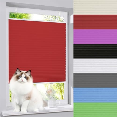 Faltrollo Ohne Bohren 80 x 90 cm Sonnen-, Sicht- & Schallschutz Faltrollo Plisseerollo Jalousie Einfache Montage mit Klemmträger für Fenster & Balkontür, Rot