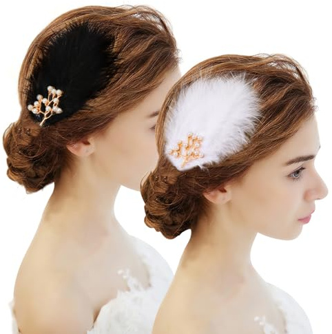 MWOOT karneval kostym 4 stycken vit svart fjäder hårspännen, pärlträd huvudbonad balettstil tillbehör kvinnor flickor, barrette fascinators 1920-tals kostym brud bröllop alla hjärtans dag jul