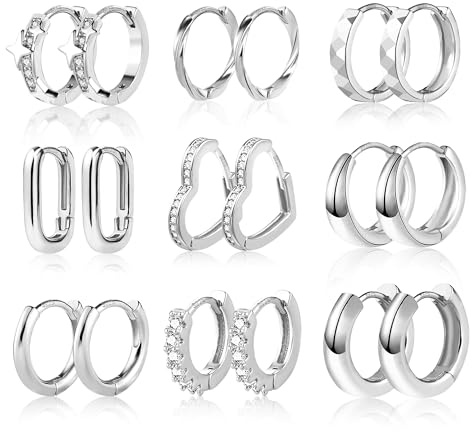 ALEXCRAFT 9Paar Ohrringe Creolen Set Damen Ohrringe für Mehrere Ohrlöcher | Ohrringe Set Stapelbar Mehrere Ohrlöcher Knorpel Piercing Creolen Kleine Kreolen Zirkonia Verdreht Herz Oval Eckig Creolen
