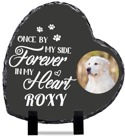 Kufutee Foto commemorativa per animali domestici in ardesia, pietra commemorativa personalizzata con espositore, targa per foto rock per cani (cuore, 15 cm)