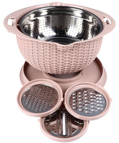 Edelstahl-Siebschüssel-Set, 4-in-1-Rührschüssel mit Hobel, Drehbarem Abflusskorb, Deckel und Reibe, Salatschleuder, Obstreiniger, Gemüsewaschmaschine, Unverzichtbar für die Küche