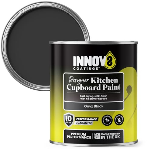 INNOV8 COATINGS DESIGNER KITCHEN CUPBOARD PAINT - DIY - NO PRIMER OR TOP COAT - SATIN Finish - 750 ml - Onyx Black - Fast Dry - CABINET, FURNITURE, WOOD, MDF, PLASTIC & METAL