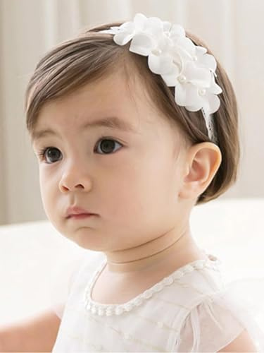 ICKEYOU Baby Girls Hairband White Bow Lace Headbands Handmade Soft Stretchy Wide Head Band Newborn Hairbands with Bows Pearls Elastic Headband for Infant Hair Accessories（White Flower）