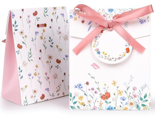 BETESSIN Gastgeschenkbox Hochzeit - 50 Stück Blumige Geschenkschachtel mit Anhänger und Bändern - Gastgeschenke Verpackung für Hochzeit, Geburtstag, Taufe, Babyparty