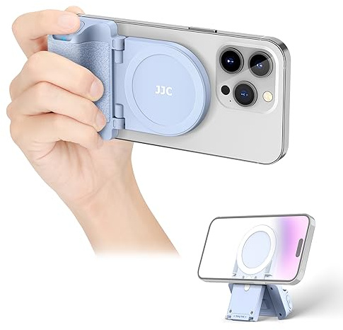JJC Magnetischer Handy Griff mit Bluetooth Fernbedienung für iPhone Air 17 16 15 14 13 & Android Smartphone, Phone Ständer Tisch & Stativ Adapter -Blue