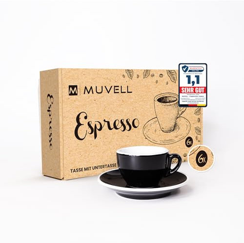 MUVELL Juego 6 Tazas de Café Espresso 60 ml negras con interior blanco Platillos negros con borde blanco Porcelana gruesa Estilo italiano Regalo