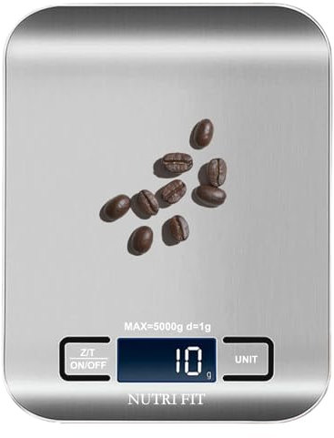 NUTRI FIT Bilancia da cucina digitale in acciaio inossidabile, bilancia elettronica ultrasottile per alimenti, 4 unità, 5 kg/11 lb, display LCD, batterie AAA - grigio argento