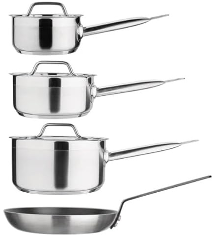 Stalwart 5-Piece Cookware Set, Stainless Steel Pan Set, Induction Compatible, Industrial Grade, with Lids 14/16/18/20cm Pans + Frypan