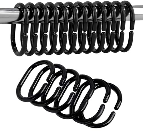 DAJING 36 Curtain Shower Rings, Black Plastic C-Shaped Bath Drape Loop Rail Rings for Bathroom, Window, and Dorm Bed Curtains