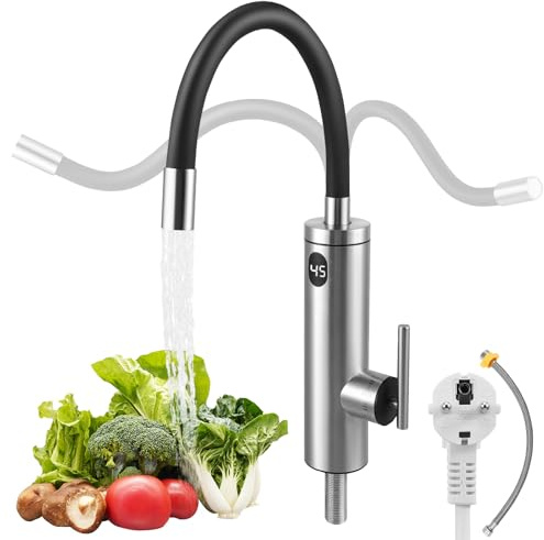 3300W Elektrischer Küchenwasserhahn mit Durchlauferhitzer – Sofort Warmwasser in 6s, 360° Drehbarer Edelstahl-Auslauf (304), LCD-Temperaturanzeige, Sicherheitsschutz, Einfache DIY-Installation
