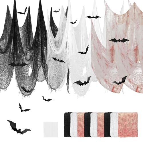 9 Stück Cover Gaze Gruseliges Tuch 183 * 76CM Gruseliges Gaze Dekogewebe 3 Farben Geistertuch mit 24 Fledermaus Aufkleber Halloween Gruseliges Gaze Tuch für Halloween Deko Outdoor