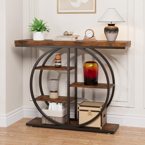 JUSTOGO Table console design industriel 105 cm, table d'appoint étroite avec 5 étagères, table basse en bois, table de couloir, table d'entrée, buffet pour couloir, salon, marron vintage
